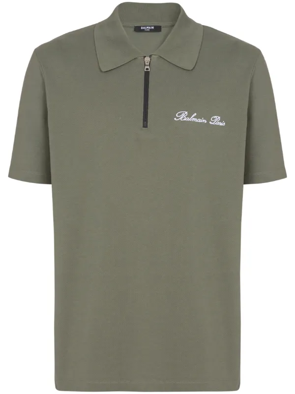 Balmain Short-sleeved Polo Shirt with Embroidery in Green