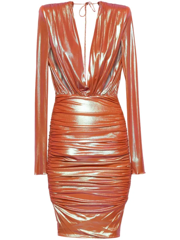 open lace back dress Alexandre Vauthier Orange Pleated Long Sleeve Low V Neck Dress - BOPF main image 0