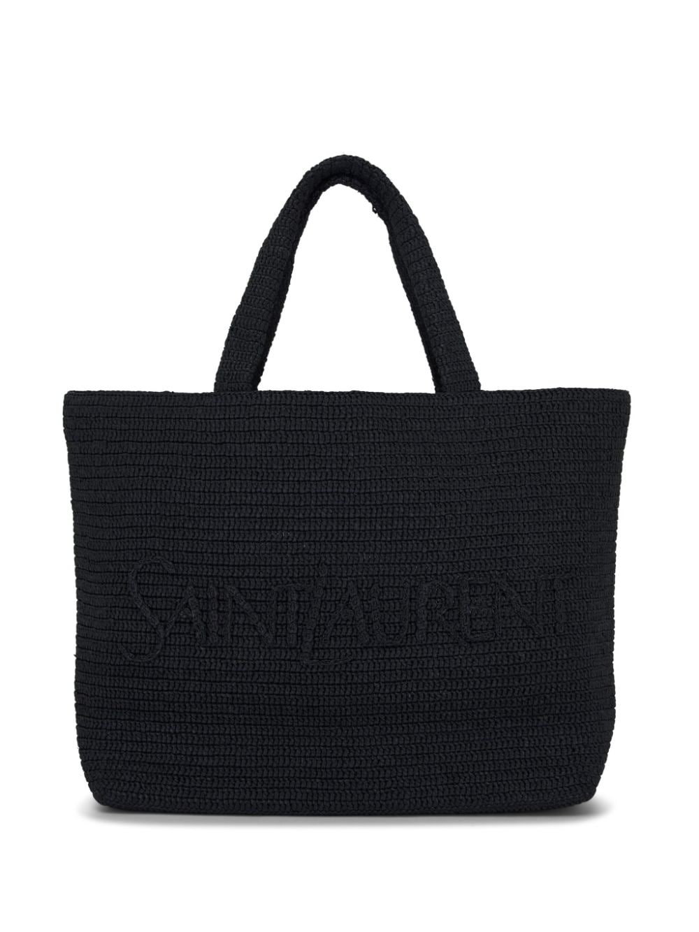 Shop Saint Laurent Logo-embroidered Raffia Tote Bag In 黑色