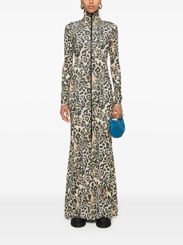 Nanushka leopard print zip up Maxi Dress Neutrals FARFETCH KW