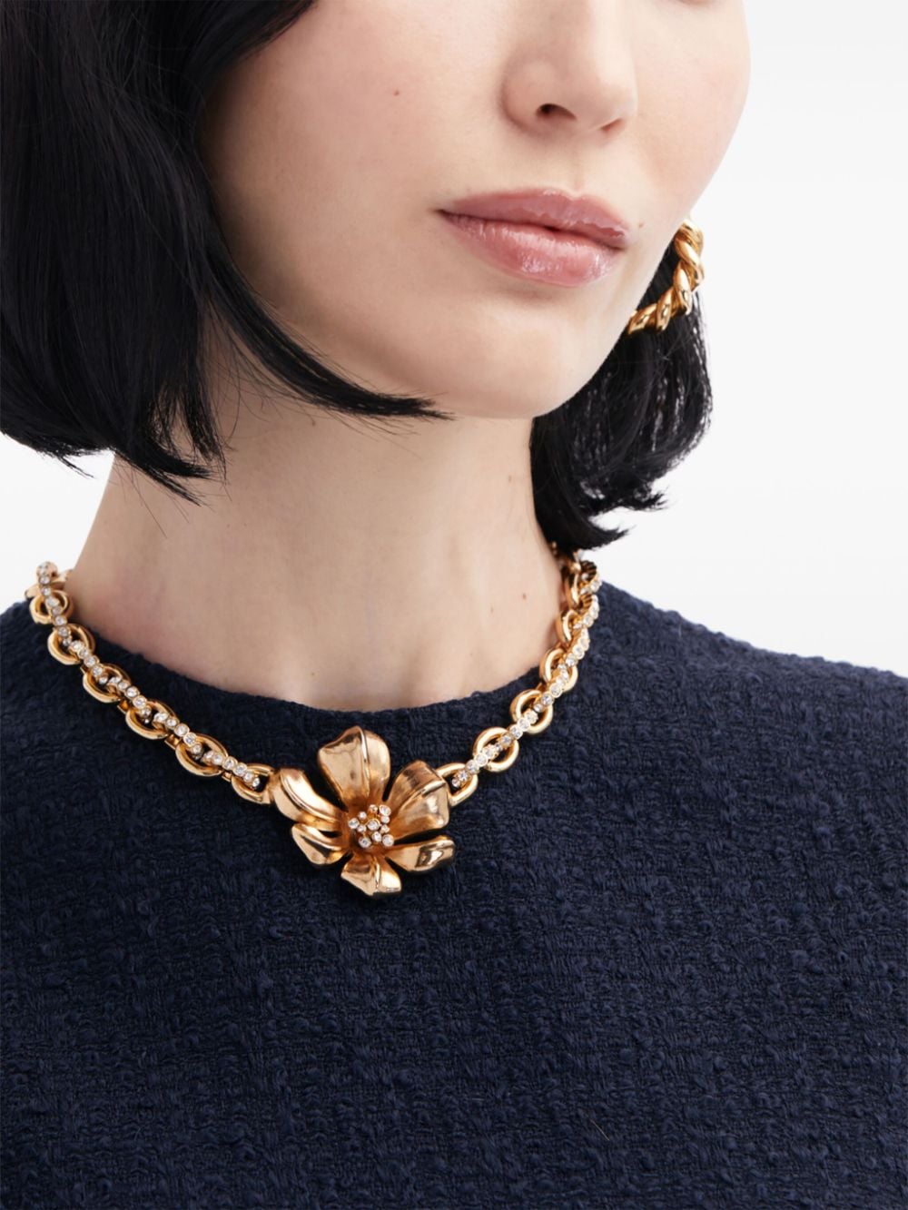Shop Oscar De La Renta Flower-charm Crystal-embellished Necklace In Gold