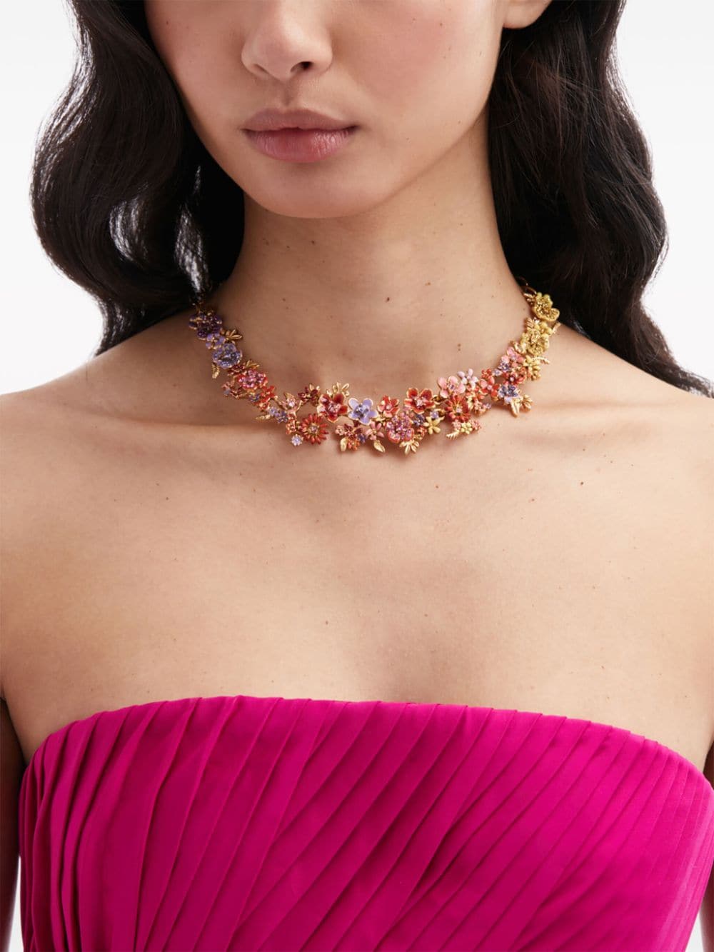 Shop Oscar De La Renta Floral Enamel Crystal-embellished Necklace In Gold