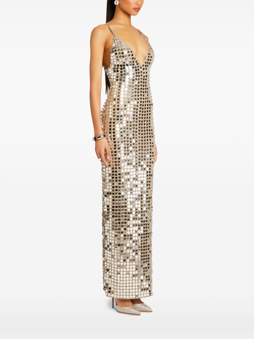 Shop Retroféte Perri Crystal And Pailettes Embellished Long Dress In Neutrals