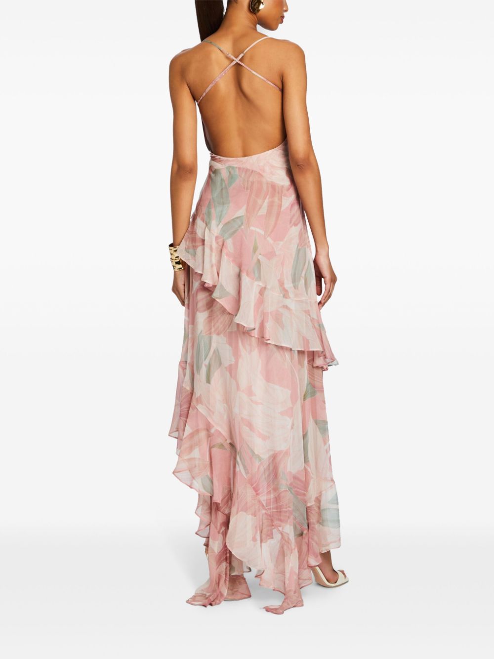 Shop Retroféte Samara Floral-print Ruffled Silk Dress In Pink