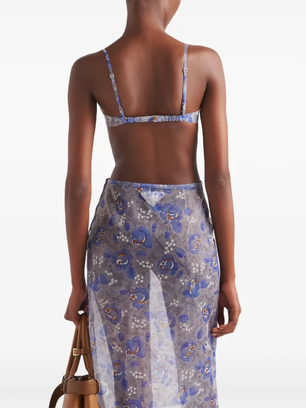 Prada floral-print lace-trim Bra | Blue | FARFETCH BE