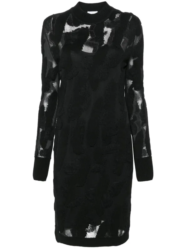 knee length dresses for ladies Semi-Sheer Mesh Mock Neck Floral Lace Midi Dress – Slay Style