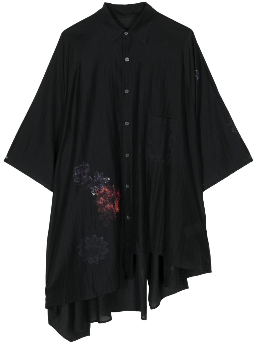 Yohji Yamamoto floral-print crease-effect shirt Zwart