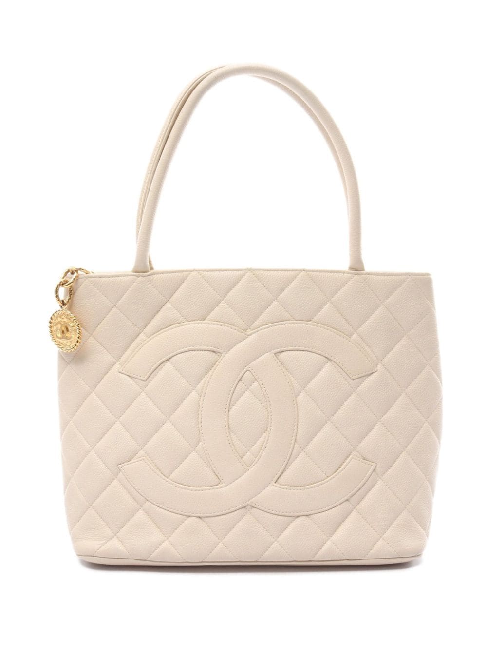 Pre-owned Chanel 1196-1997 Medallion Leather Tote Bag In Neutrals
