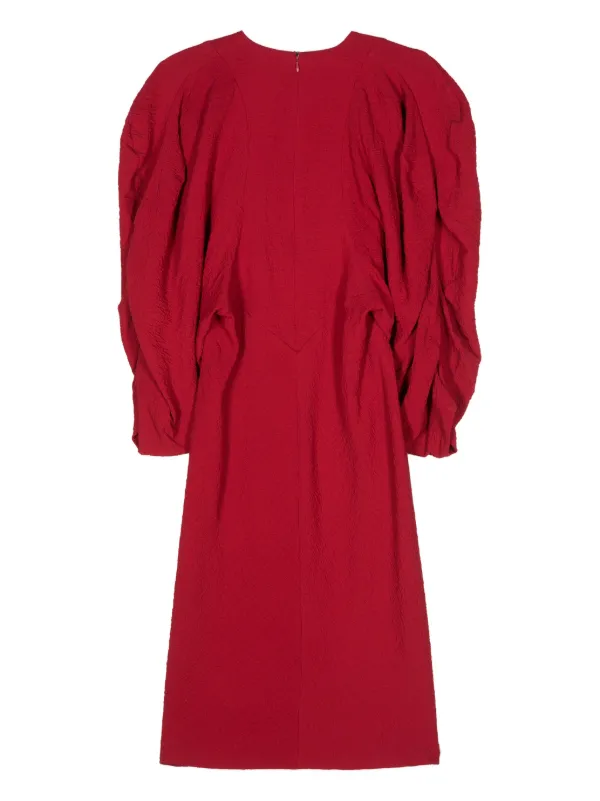 puff shoulder crepe midi dress Pleated 3/4 Sleeve Crepe Off Shoulder, Abby Off Shoulder Knit Midi Dress in Wine, Size L, For Cocktail Or Daytime Wedding Guest