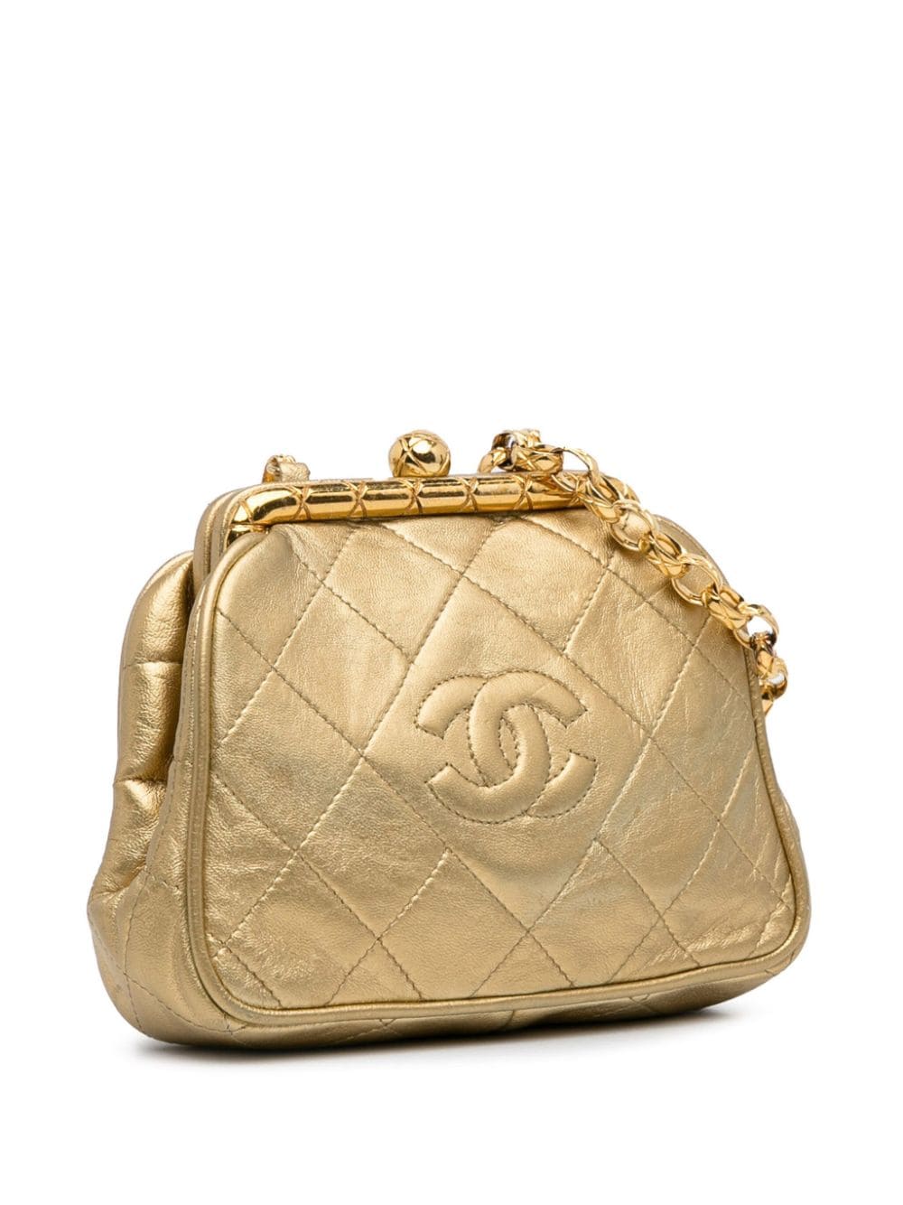 Pre-owned Chanel 1989-1991 Cc Lambskin Kiss Lock Frame Crossbody Bag In Gold
