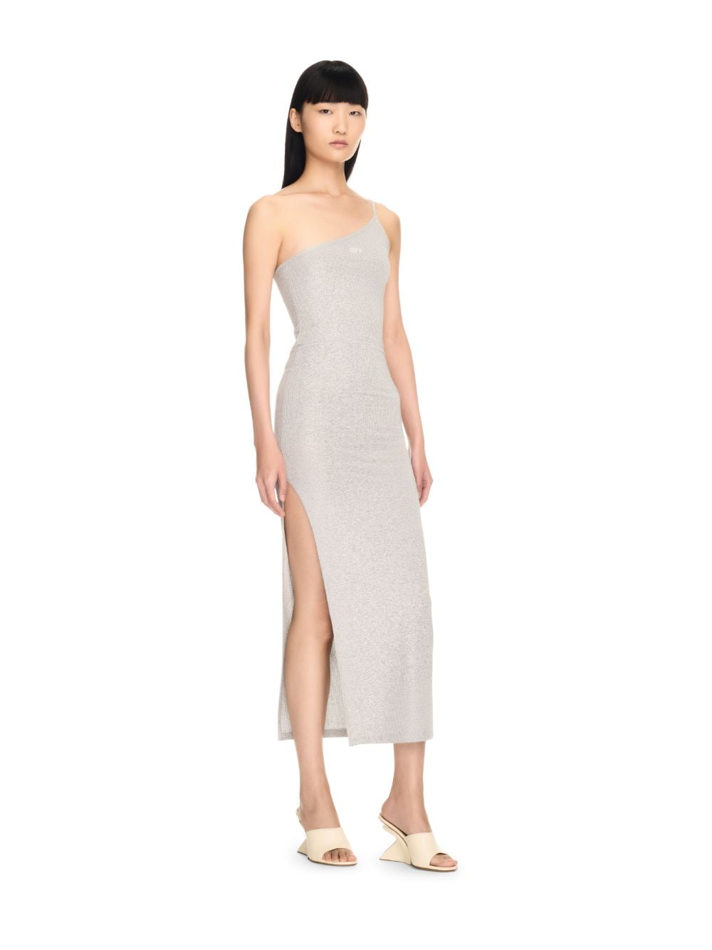 Off-white Ribbed-knit Lurex Midi Dress In Silver