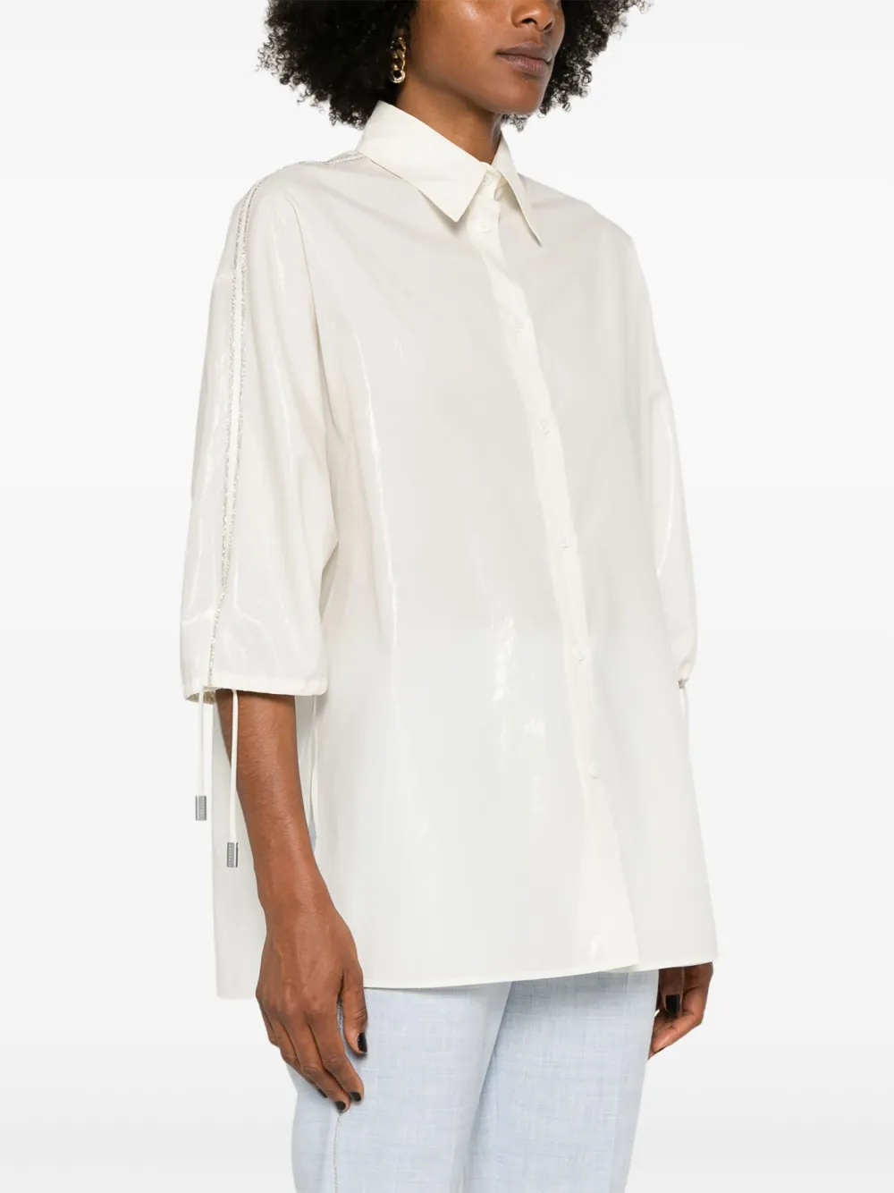 Peserico Taffeta blouse met kralen afwerking Beige