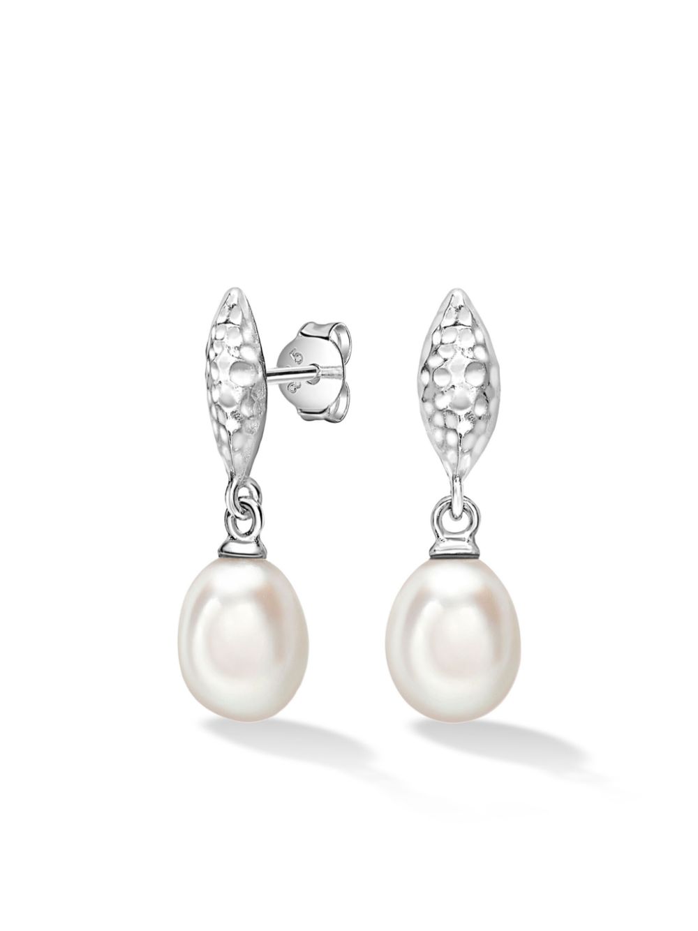 DOWER AND HALL Hammered Marquise and White Freshwater Pearl Drop earrings - Silver