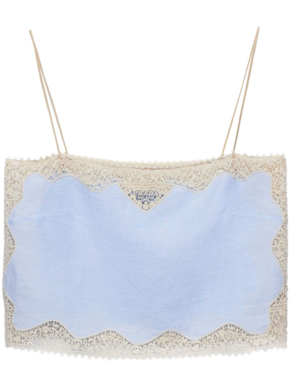 Prada Lace-trimmed Linen Top In Blue