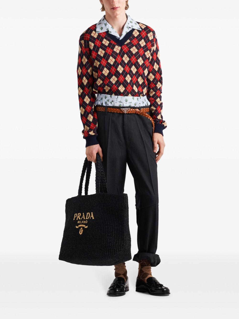 Shop Prada Argyle Cotton Jumper In Blau