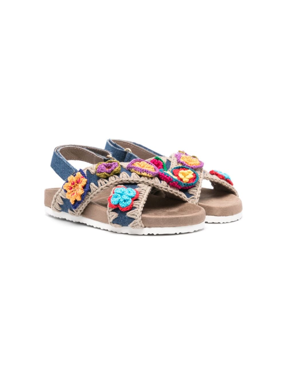 Mou Kids' Floral-appliqué Denim Sandals In Multi