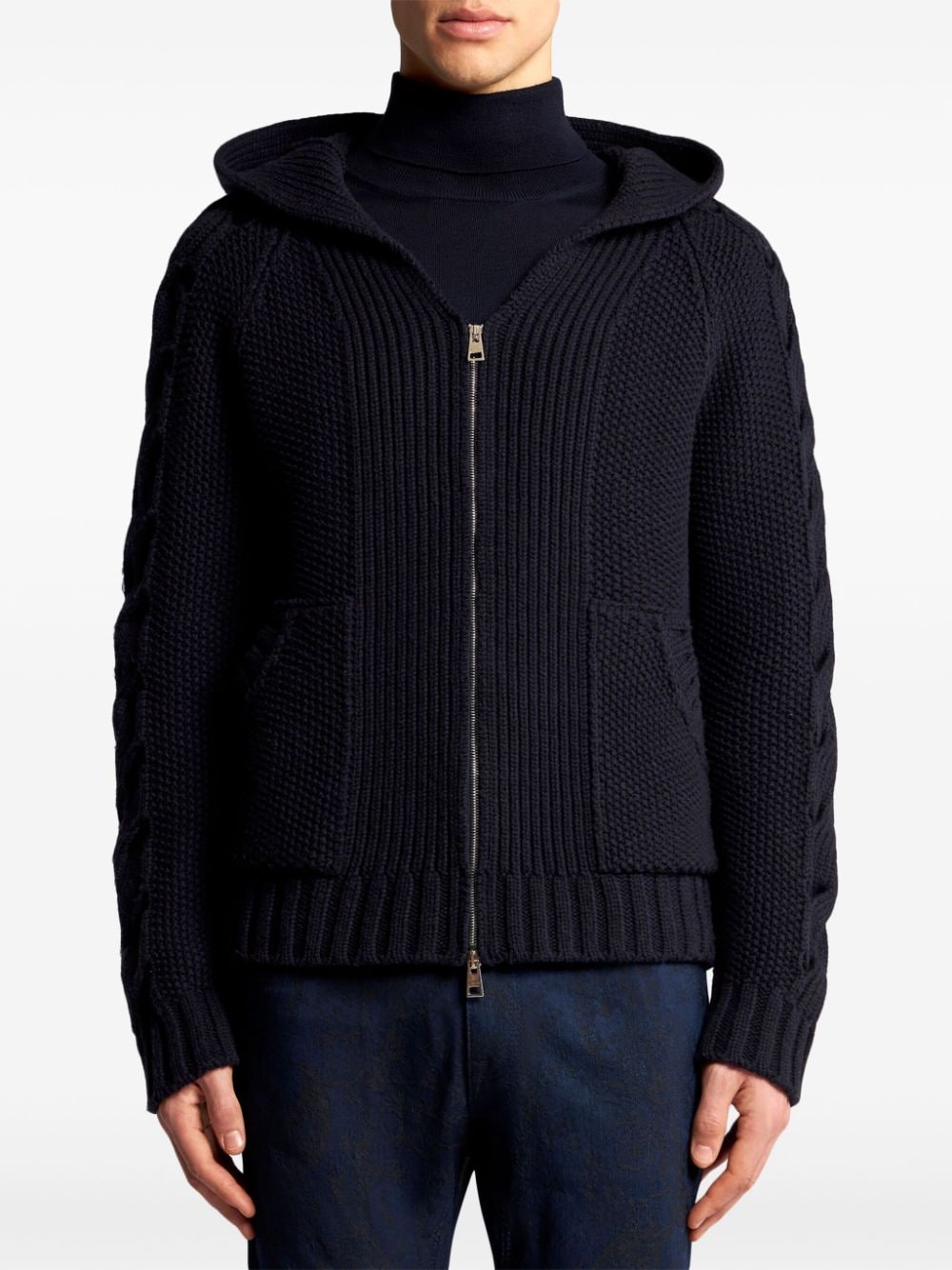 Shop Etro Hooded Cable-knit Cardigan In Blue