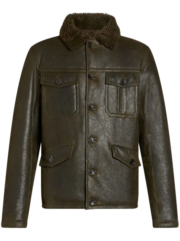 ETRO shearling-collar Leather Jacket | Green | FARFETCH