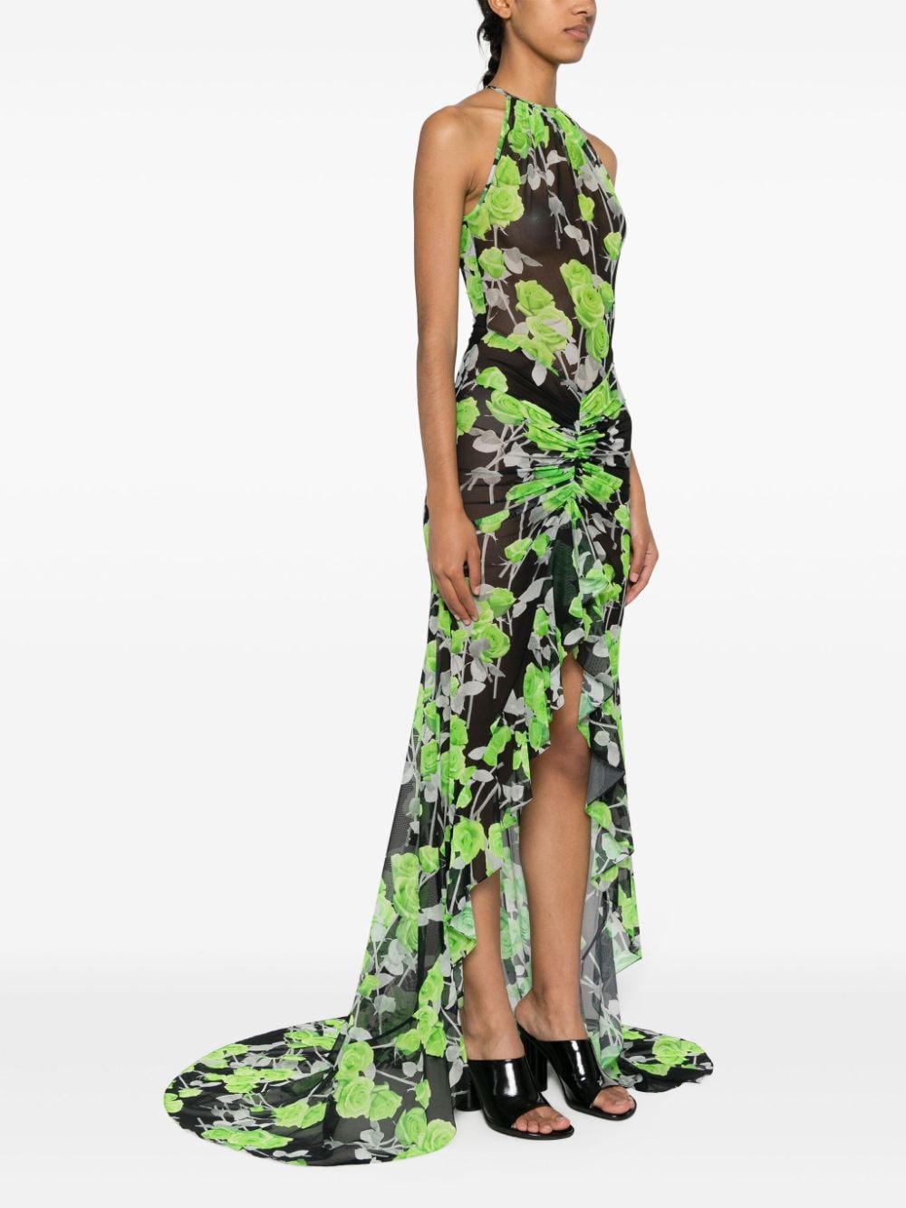 Shop David Koma Rose-print Mesh Maxi Dress In Green