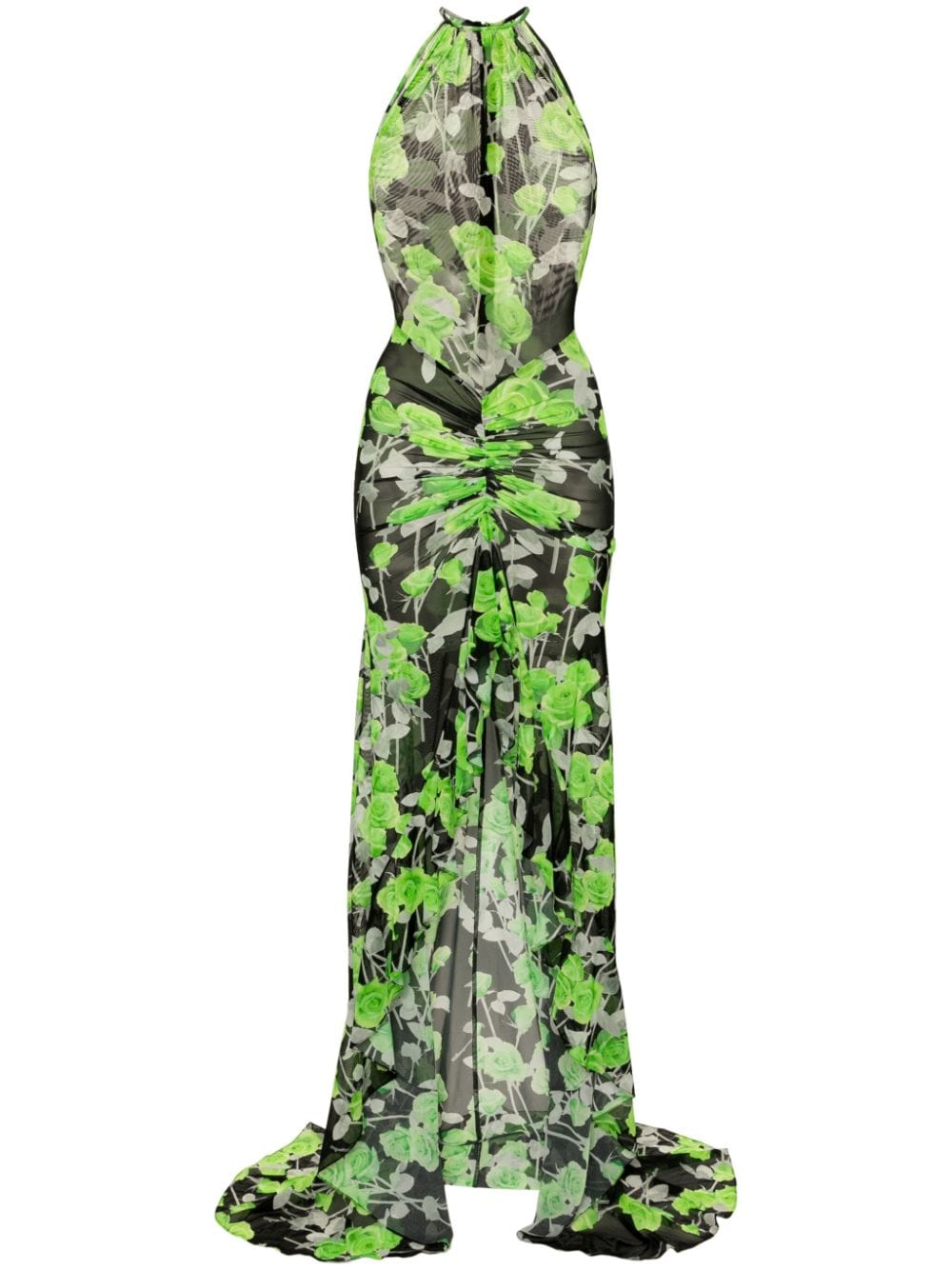 David Koma Rose-print Mesh Maxi Dress In Green