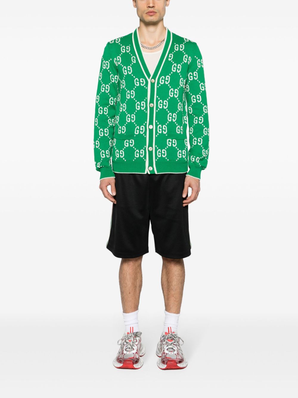Shop Gucci Gg Intarsia-knit Cotton Cardigan In Green