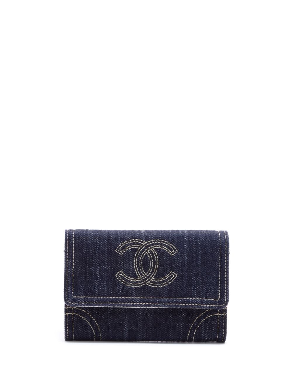 Pre-owned Chanel Cc 缝线牛仔翻盖钱包（2005-2006年典藏款） In Blue