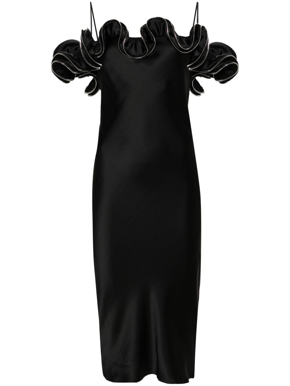 Coperni Zipped-ruffles Satin Dress In Black