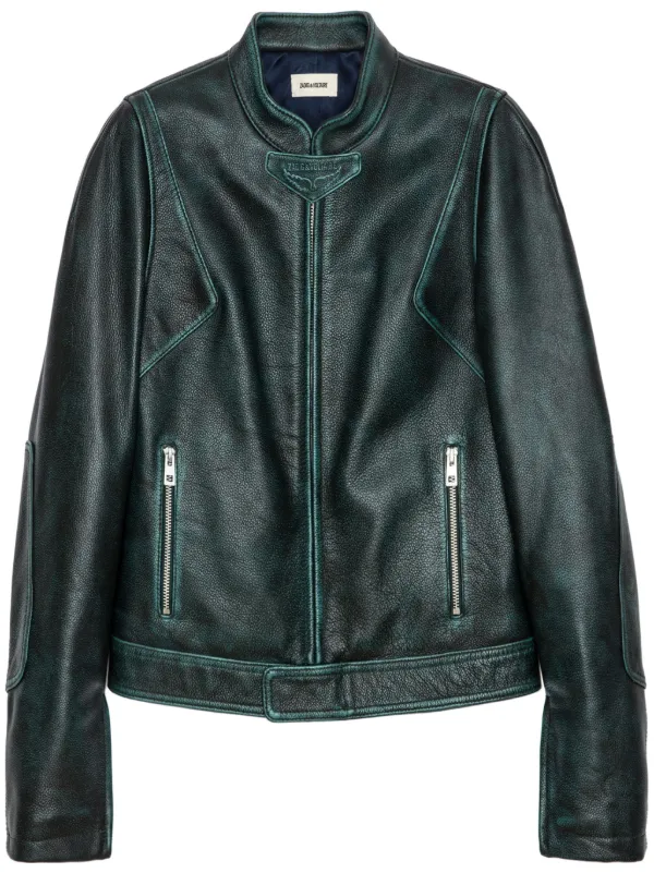 Khaki green leather jacket best sale