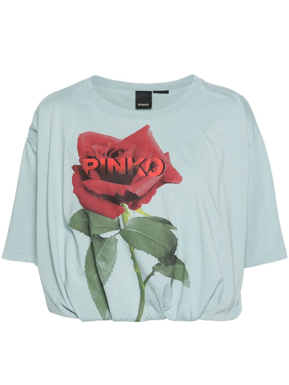 Pinko Cropped T-shirt With Rose Print In Silvery Blue