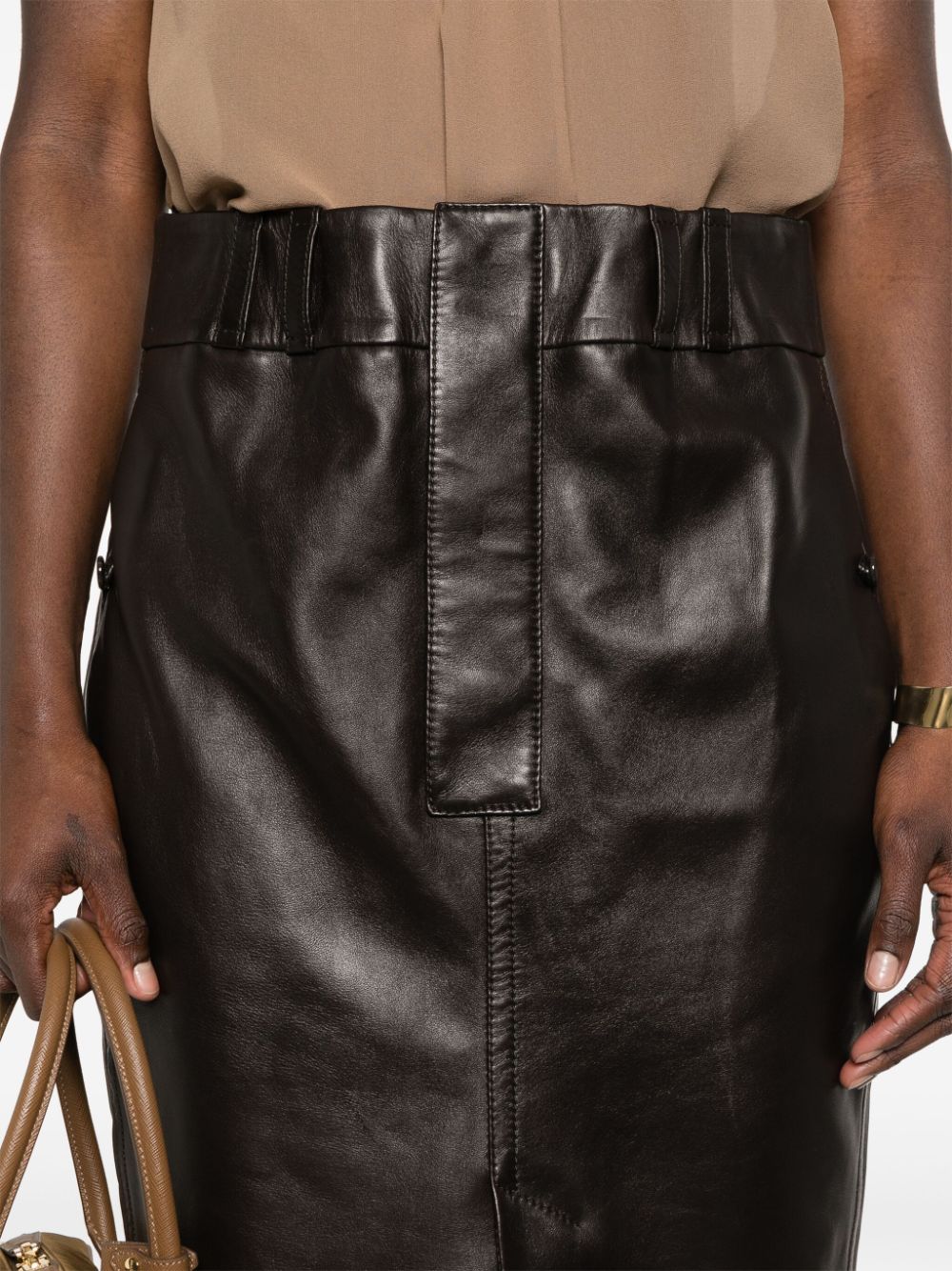 Shop Saint Laurent Leather Straight Midi Skirt In Brown