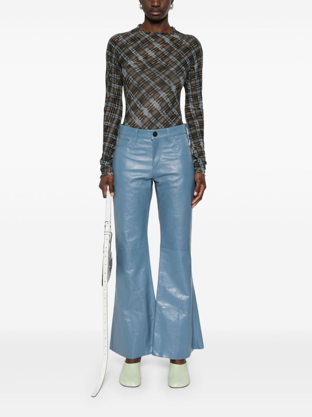 Shop Marni Logo-appliqué Leather Flared Trousers In Blue