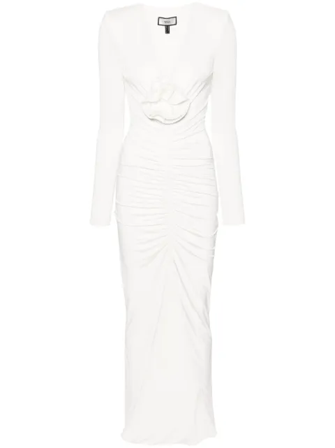 NISSA rose-appliqué ruched maxi dress