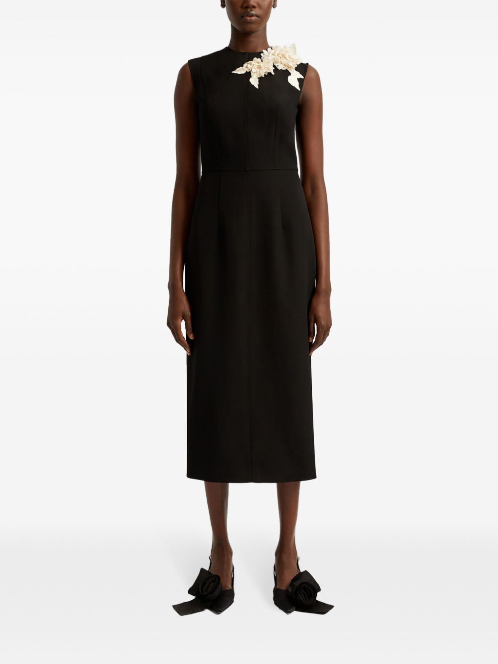 Shop Erdem Floral-appliqué Midi Dress In Black