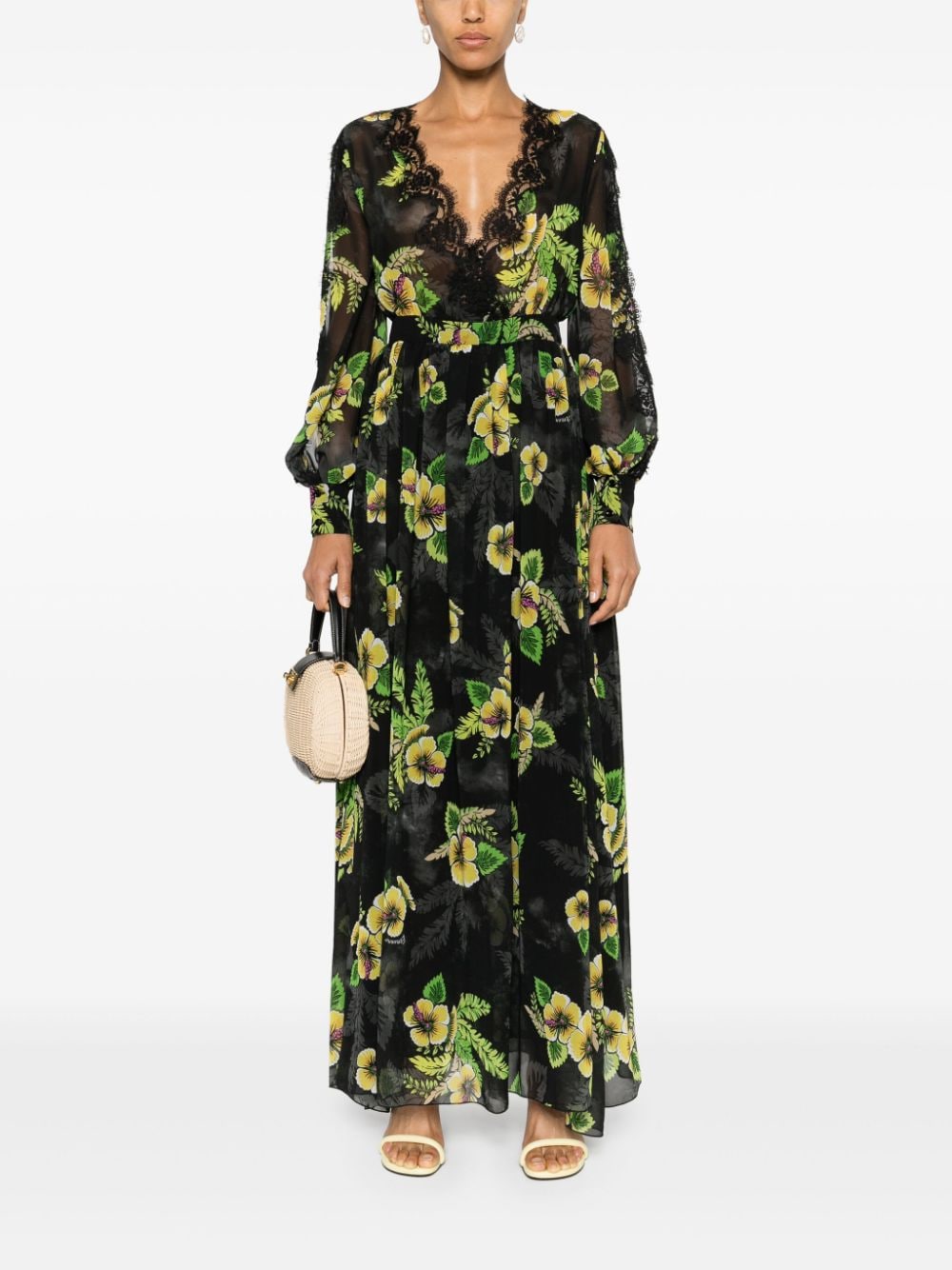 Shop Ermanno Firenze Floral-print Flared Maxi Dress In Schwarz