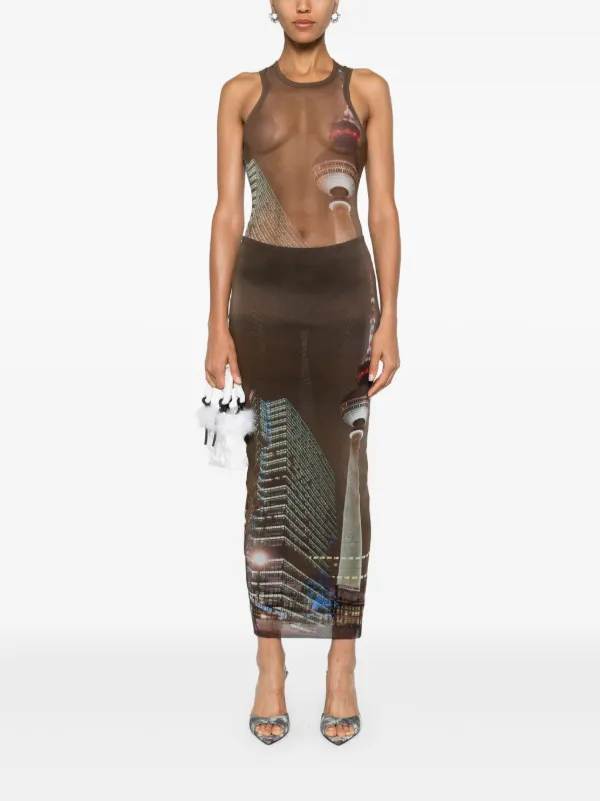 Jean Paul Gaultier Sheer Mesh Printed Bodysuit | Brown