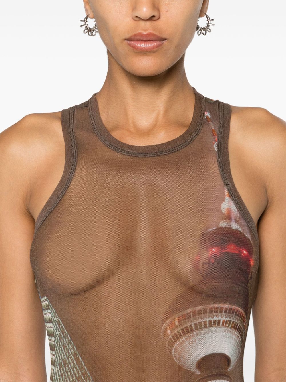 Shop Jean Paul Gaultier Sheer Mesh Printed Bodysuit In Brown