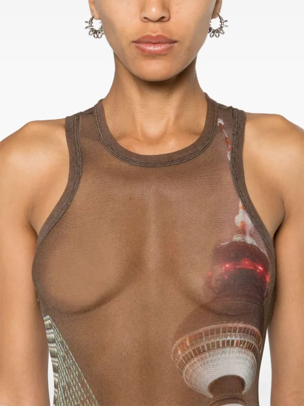 Jean Paul Gaultier Sheer Mesh Printed Bodysuit | Brown