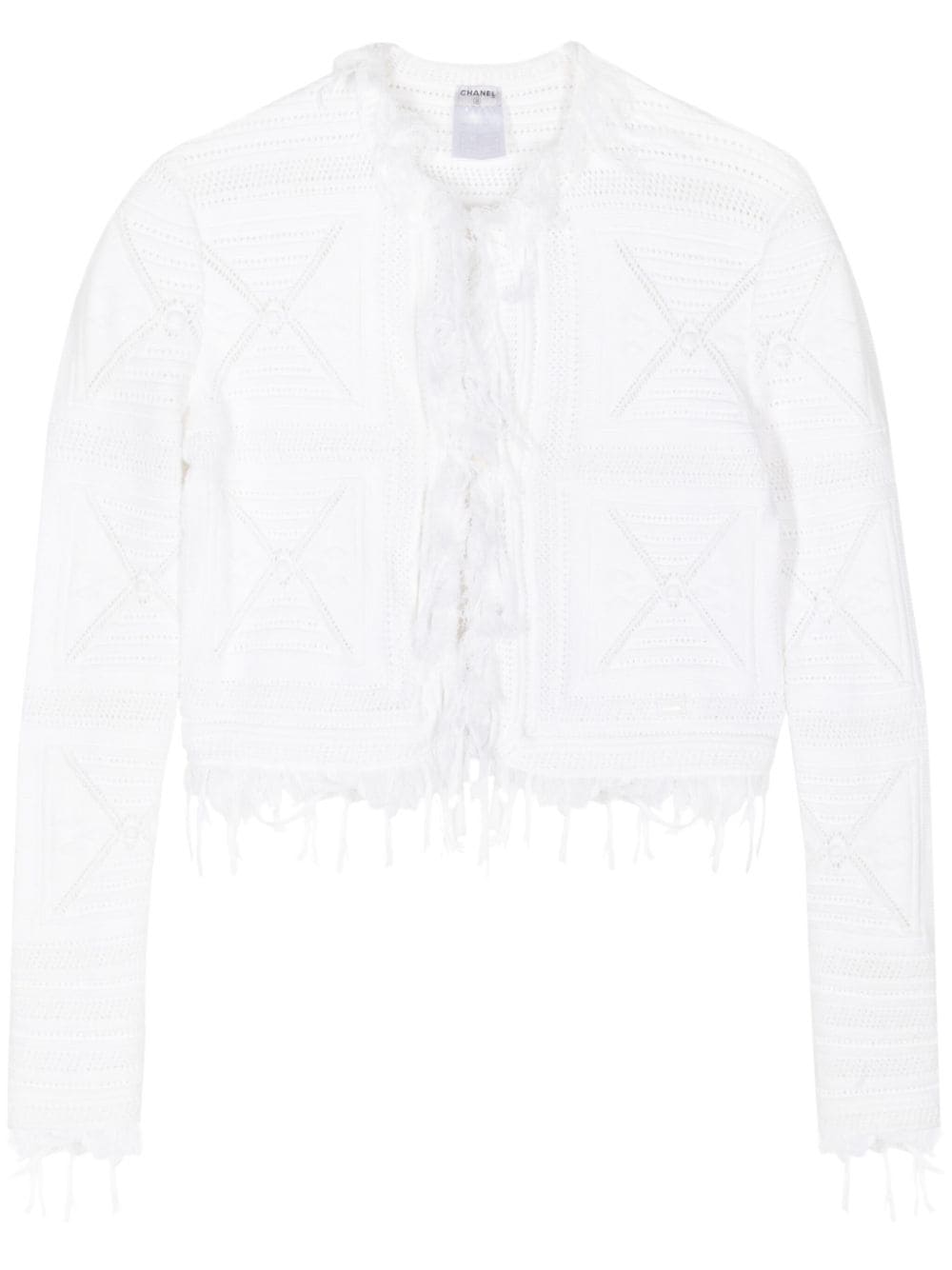 Pre-owned Chanel 2005 Pointelle-knit Fringed Cardigan In White