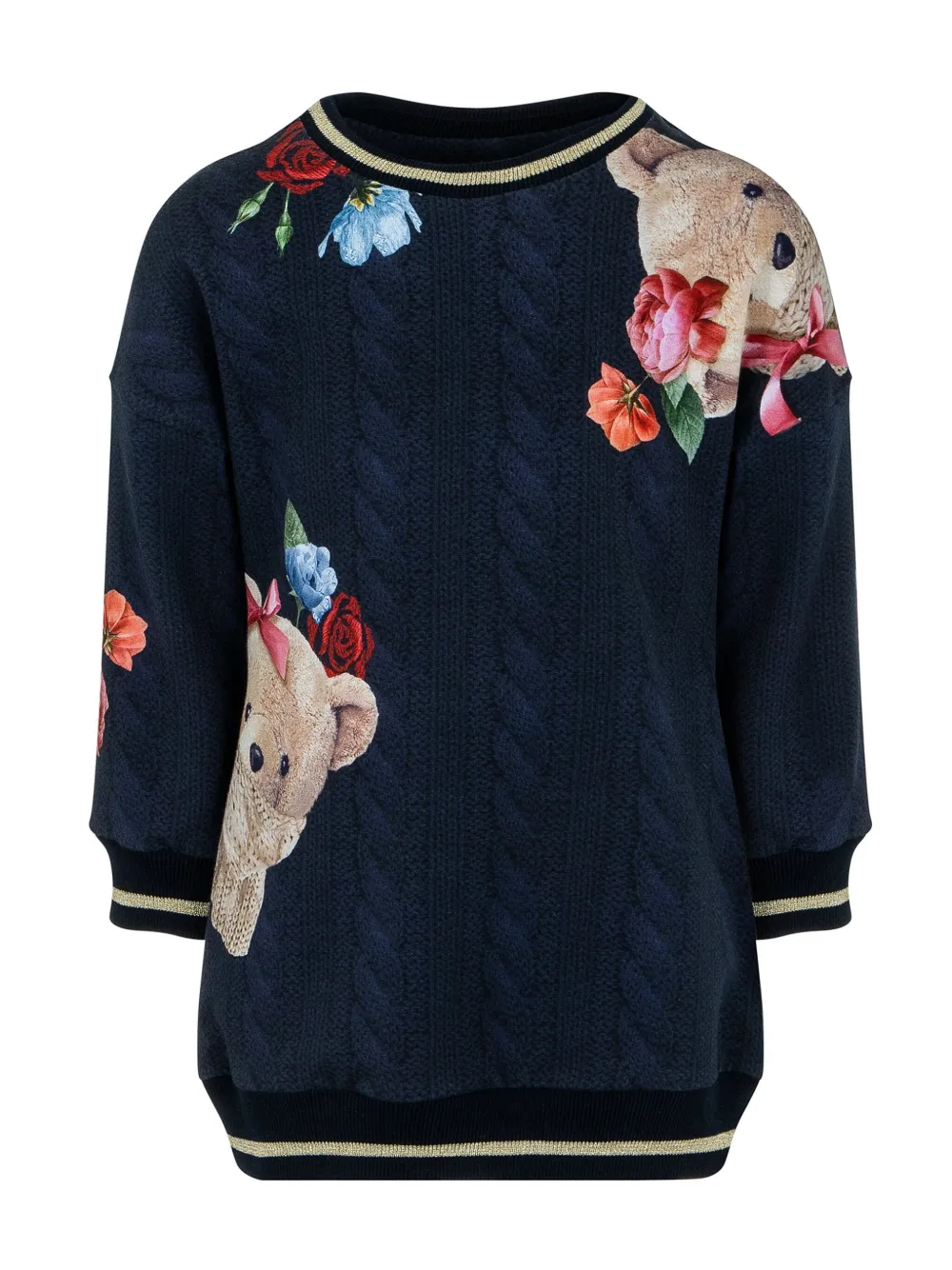 Lapin House Babies' Floral Bear Print Cable Knit Dress In Blue