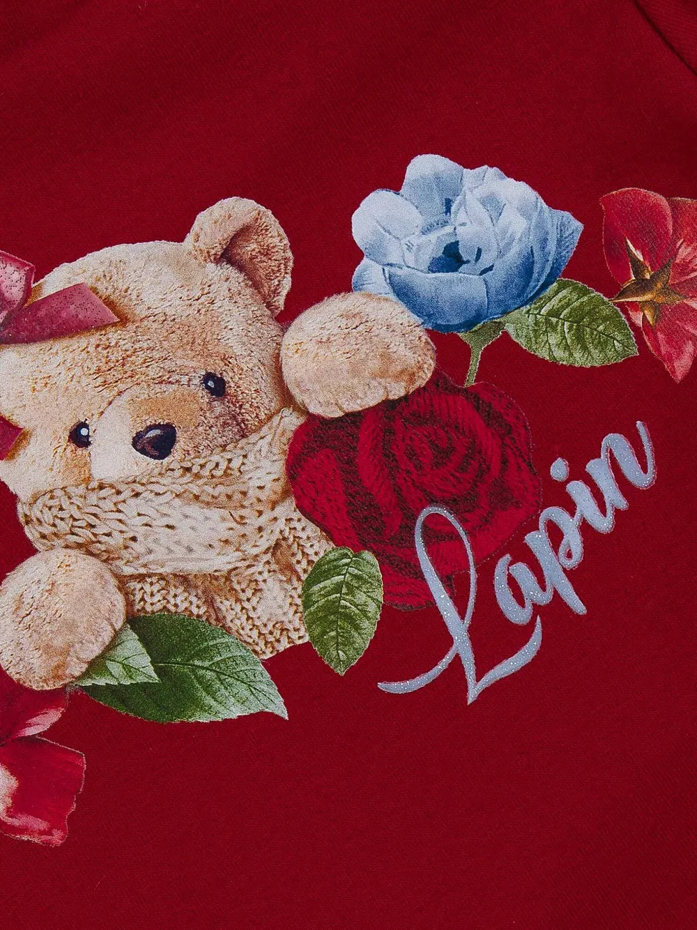 Lapin House Floral Bear Print Combined Dress In Red