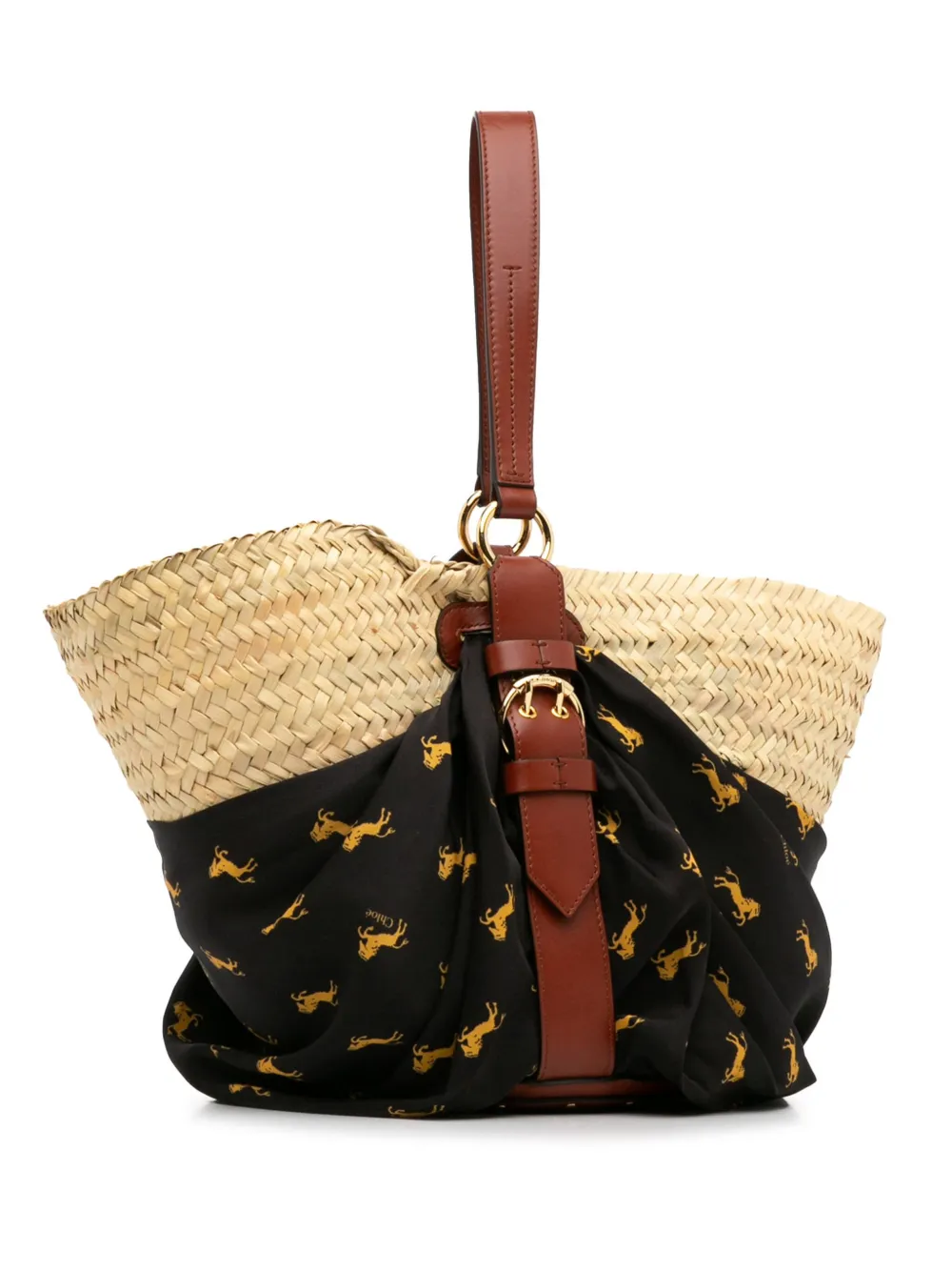 Pre-owned Chloé Medium Raffia Little Horses Panier Basket 托特包（2000-2023年典藏款） In Brown