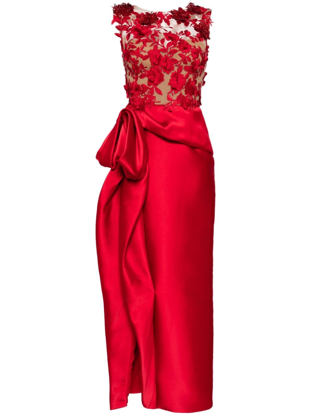 Marchesa Floral-appliqué Silk-blend Dress In Rot