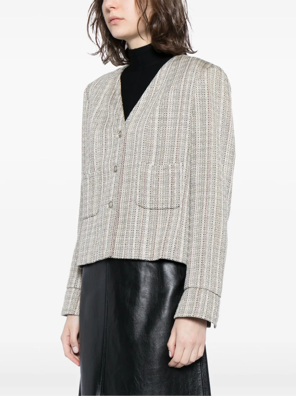 Pre-owned Chanel 2003 Tweed Collarless Jacket In Neutrals