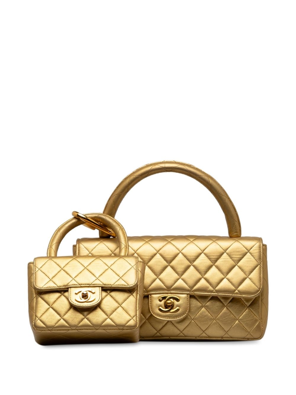 Pre-owned Chanel 1994-1996 Lambskin Parent Child Kelly Set Top Handle Bag Handbag In Gold