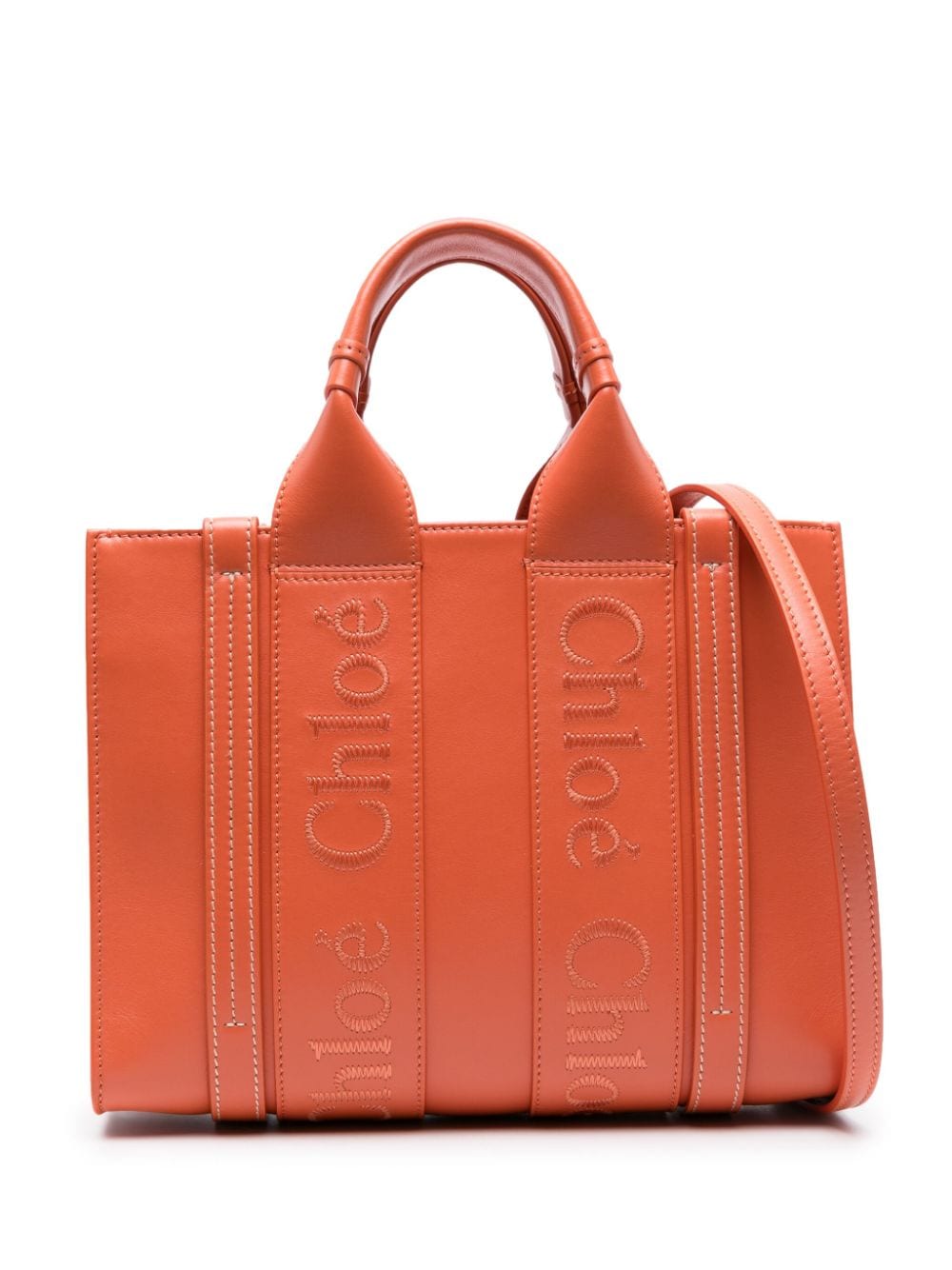 Shop Chloé Small Woody Leather Tote Bag In Orange