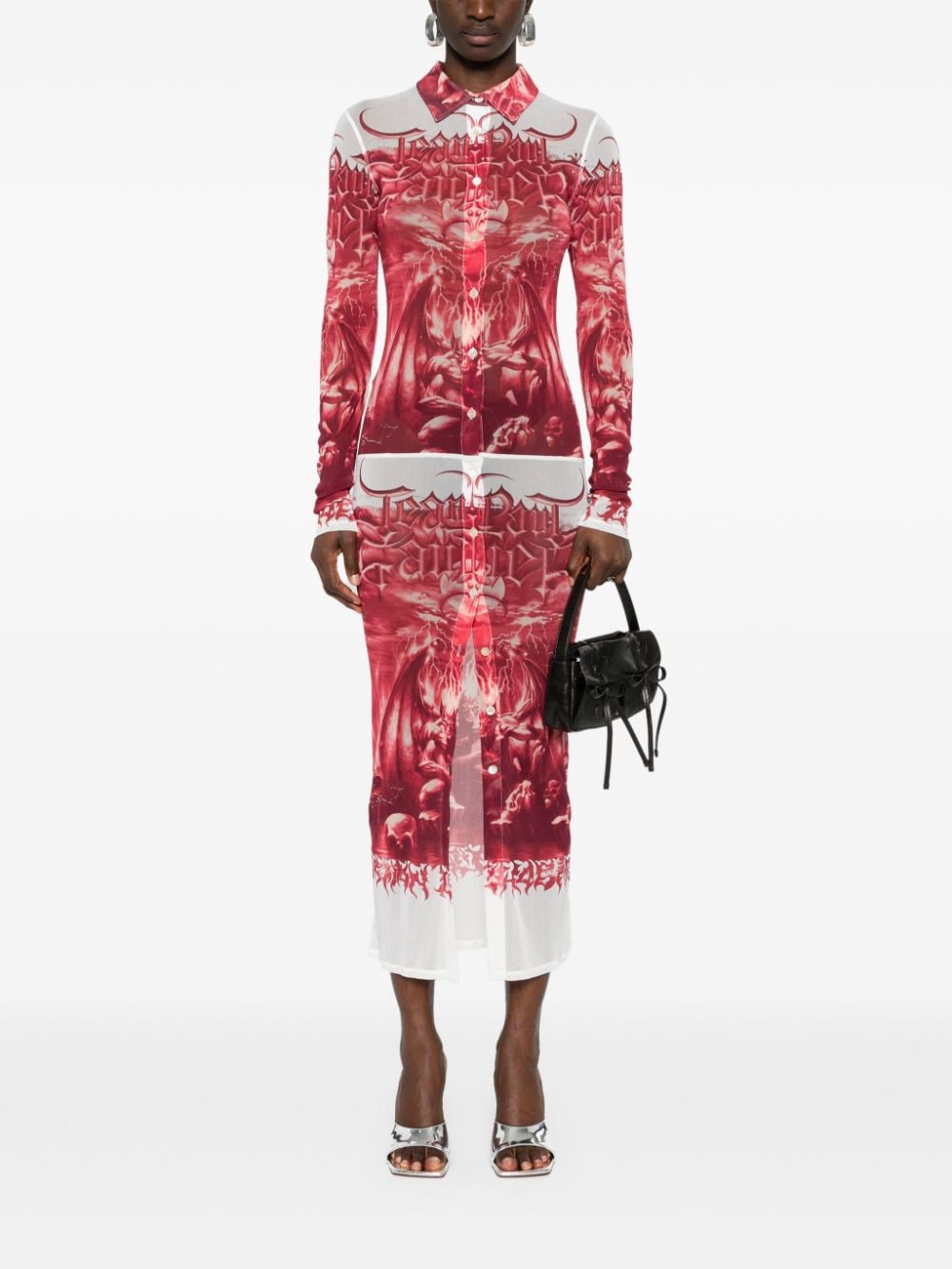 Jean Paul Gaultier gargula-print mesh maxi dress - Rood