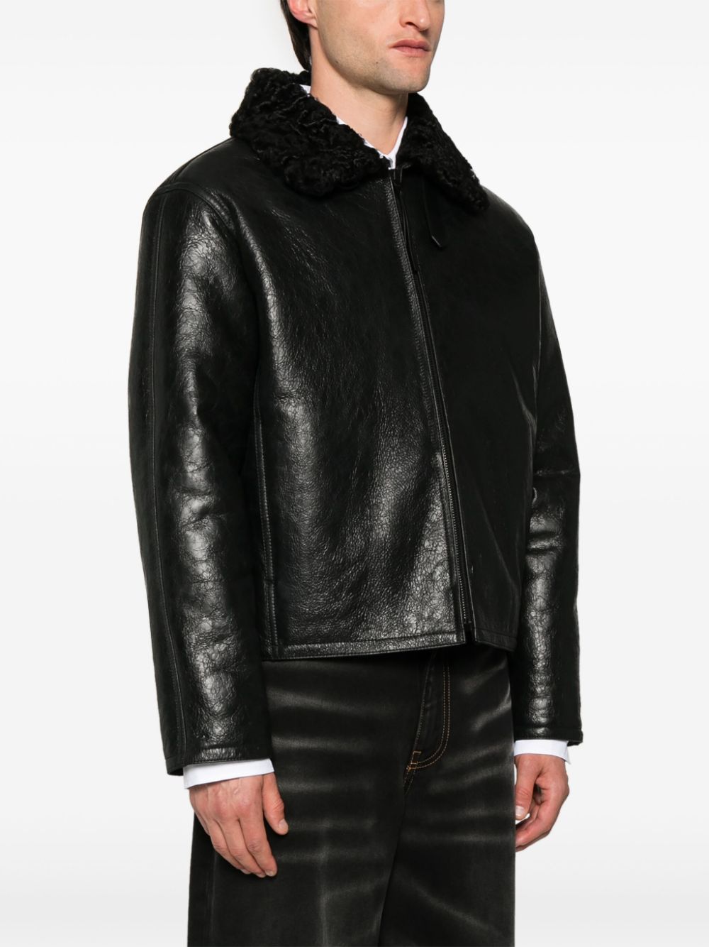 Shop Acne Studios Shearling-collar Leather Jacket In Black