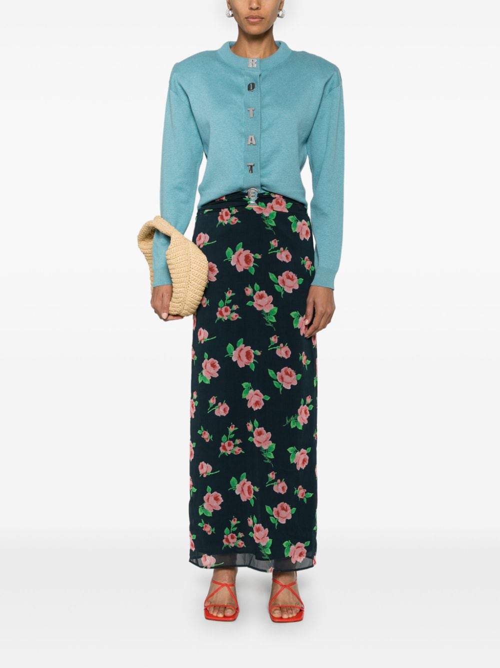 Shop Rotate Birger Christensen Rose-print Chiffon Skirt In Blue