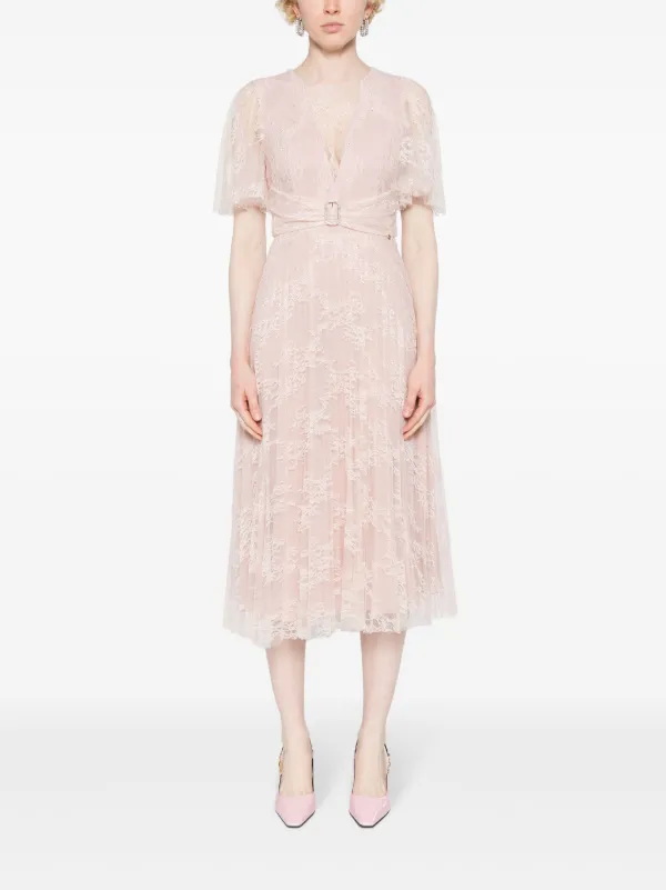 Nissa Lace-overlay Pleated Midi Dress - Pink