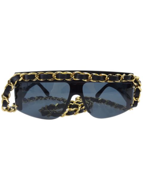 HOT SALE CHANEL 1990-2000 leather-and-chain trim shield sunglasses Women